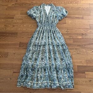 Max Studio London Blue Floral Boho Maxi Dress Size L | Smocked Waist Puff Sleeve